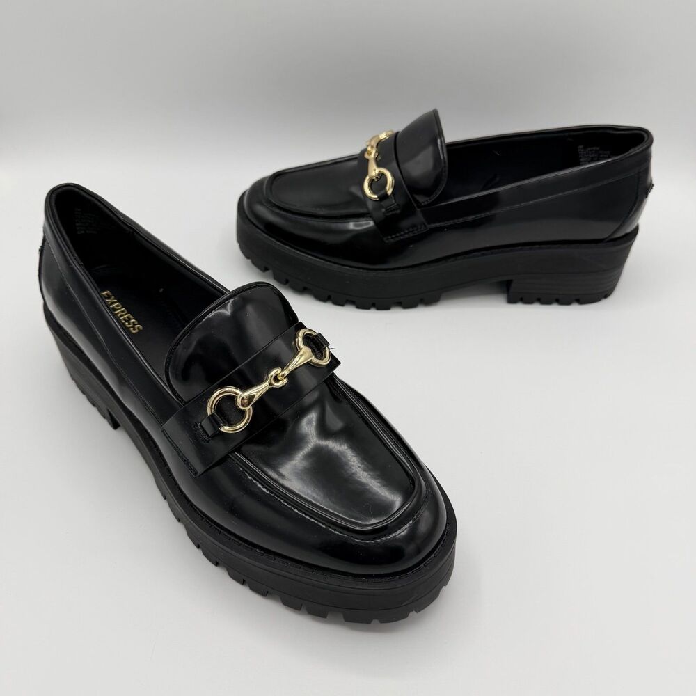Express Black Faux Patent Leather Horse Bit Platform Loafers Size 9